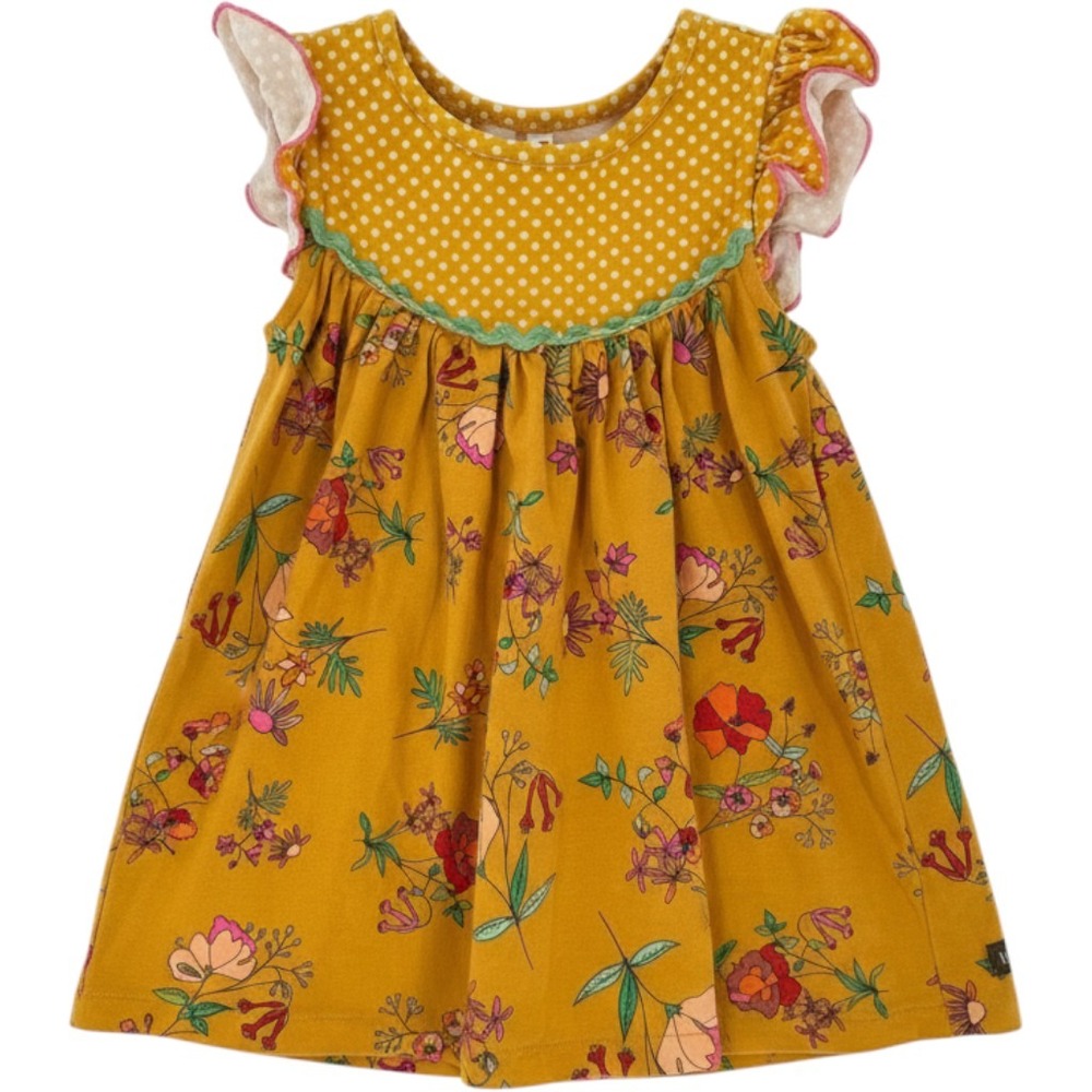 Matilda Jane Girls Mustard Yellow Floral Polka Dot Ruffle‎ Sleeve Dress Kids